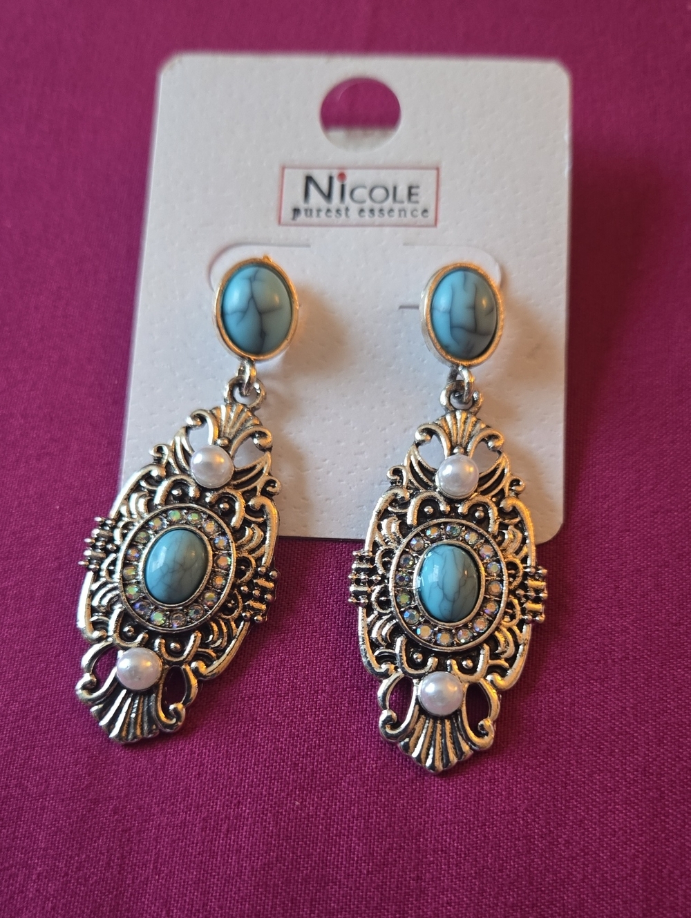 Nicole Silver-Tone Turquoise and Pearl Drop Earrings, Western Style.